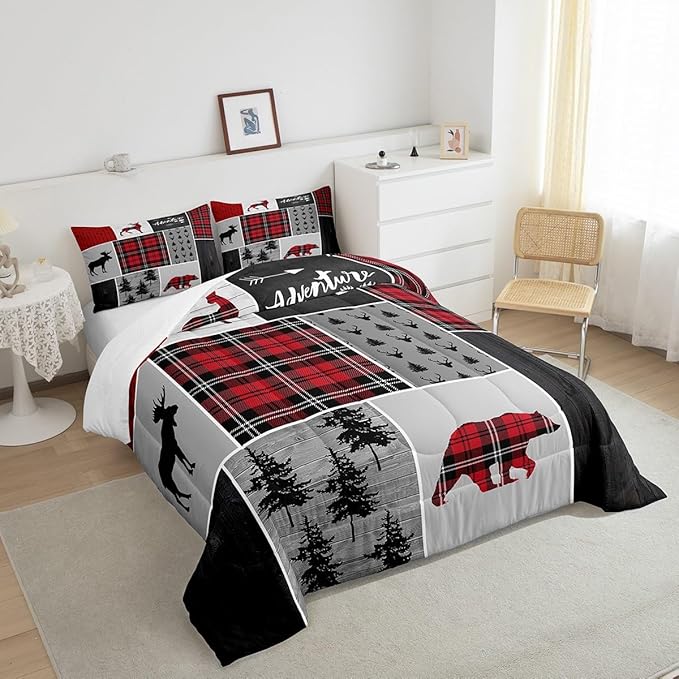 Deer Antlers Bear Kids Comforter Set Full Size,Plaids Boho Arrows Patchwork Bedding Set for Boys Girls Adults Room Decor,Rustic Adventure Xmas Down Comforter,Red Retro Duvet Insert,2 Pillowcases - LeafyLoom
