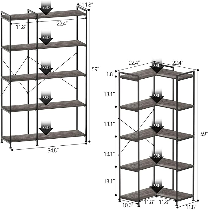 Bookshelf 5 Tier Deformable Corner Bookcase Free Standing Modern Industrial Book Storage Display Book Shelf for Bedroom Living Room Study Room Office (Dark Grey) - LeafyLoom