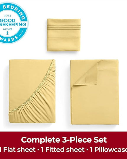Mellanni Twin XL Sheets Set - 3 PC Iconic Collection Bedding Sheets & Pillowcases - Hotel Luxury, Extra Soft, Cooling Bed Sheets - Deep Pocket up to 16 inch (Twin Extra Long, Yellow) - LeafyLoom
