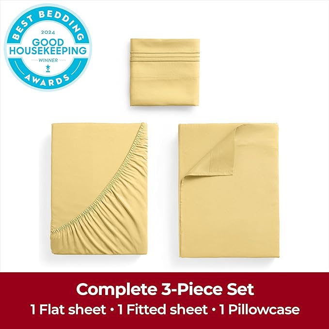Mellanni Twin XL Sheets Set - 3 PC Iconic Collection Bedding Sheets & Pillowcases - Hotel Luxury, Extra Soft, Cooling Bed Sheets - Deep Pocket up to 16 inch (Twin Extra Long, Yellow) - LeafyLoom
