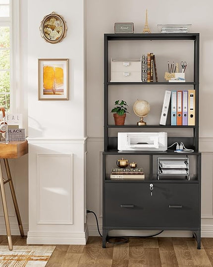 Homieasy File Cabinet with Charging Station, Vertical Filing Cabinet with Lock & Large Drawer, Printer Stand with Storage Shelves, Office Storage Cabinet fits Letter/A4/Legal Size, Black - LeafyLoom