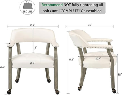 Large Dining Chairs with Casters and Arms, Rolling Dining Chairs with Wheels, Accent Game Poker Table Chairs, Solid Wood Office Chairs, 26“Dx25.2 Wx31.5“H, Grey Legs & Ivory PU SY-1318-WT - LeafyLoom