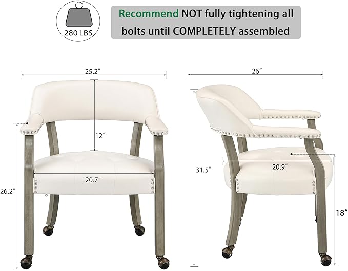 Large Dining Chairs with Casters and Arms, Rolling Dining Chairs with Wheels, Accent Game Poker Table Chairs, Solid Wood Office Chairs, 26“Dx25.2 Wx31.5“H, Grey Legs & Ivory PU SY-1318-WT - LeafyLoom