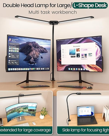LED Desk Lamp for Home Office, Double Head Computer Desk Lights with Clamp & Wireless Remote, 12 Lighting Modes, Flexible Gooseneck Adjustable Smart Table Reading Study - LeafyLoom