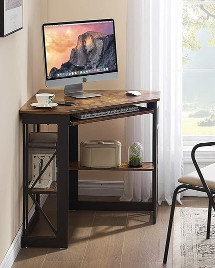 VECELO Corner Computer Desk Writing Smooth Keyboard Tray & Storage Shelves,Compact Home Office Triangle Table, Antique Brown - LeafyLoom