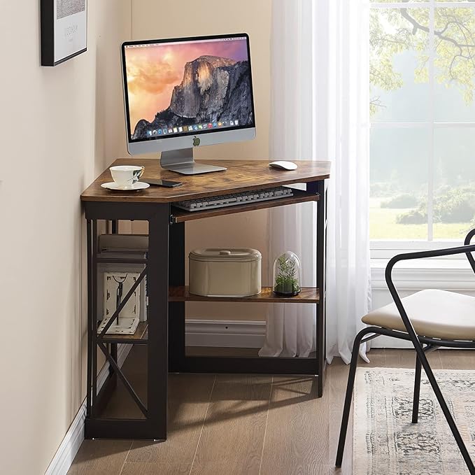 VECELO Corner Computer Desk Writing Smooth Keyboard Tray & Storage Shelves,Compact Home Office Triangle Table, Antique Brown - LeafyLoom