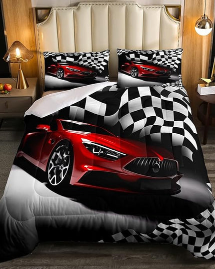 Erosebridal Race Car Bedding Set for Boys Twin Bed,Kids Teen Extreme Sports Car Comforter Set,Black White Checkered Grid Bed Comforter Set Retro Red Cool Vehicle Automobile Quilt Duvet 1 Pillow Case - LeafyLoom