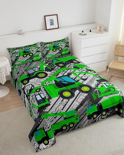 Excavator Down Comforter, Kids Boys Cartoon Car Comforter Set Full, Children Tractor Truck Duvet Sets Girls Construction Vehicle Bulldozer Bedding Set 3 Pieces with 2 Pillow Cases, Green Gray - LeafyLoom