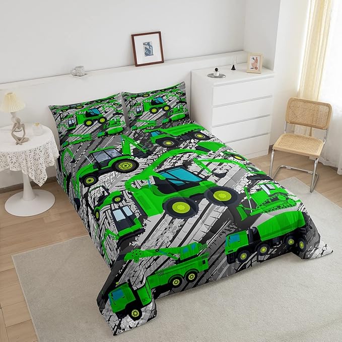 Excavator Down Comforter, Kids Boys Cartoon Car Comforter Set Full, Children Tractor Truck Duvet Sets Girls Construction Vehicle Bulldozer Bedding Set 3 Pieces with 2 Pillow Cases, Green Gray - LeafyLoom
