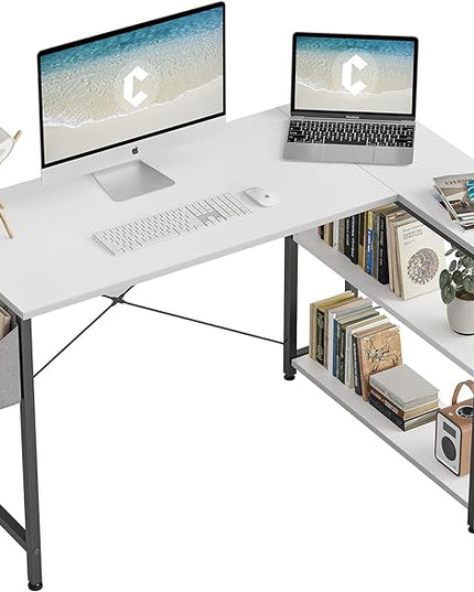 CubiCubi L Shaped Desk, 47 Inch Computer Desk with Reversible Storage Shelves Home Office Corner Desk Study Writing Table, White Top/Black Leg - LeafyLoom