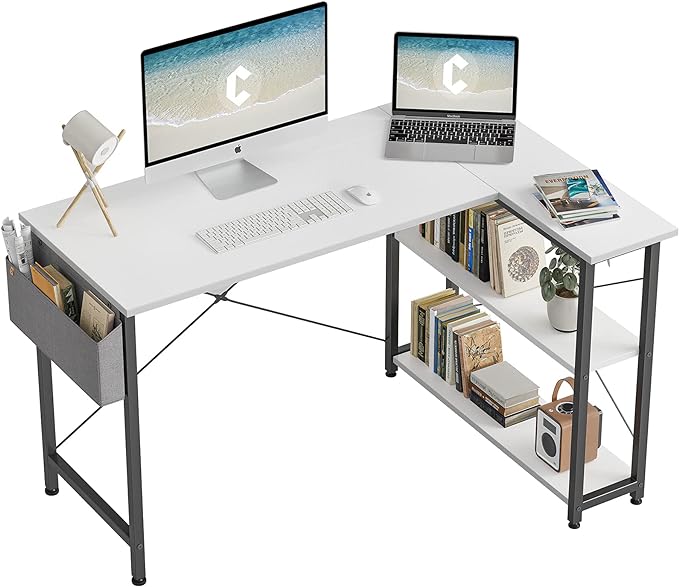 CubiCubi L Shaped Desk, 47 Inch Computer Desk with Reversible Storage Shelves Home Office Corner Desk Study Writing Table, White Top/Black Leg - LeafyLoom