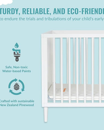 Lucas Mini Modern Crib with Rounded Spindles in White , 39x25.5x33 Inch (Pack of 1) - LeafyLoom