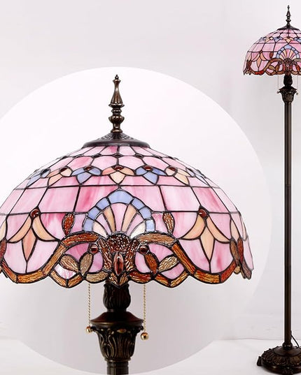 WERFACTORY Tiffany Floor Lamp Pink Baroque Stained Glass Standing Reading Light 16X16X64 Inches Antique Pole Corner Lamp Decor Bedroom Living Room Home Office S003P Series - LeafyLoom