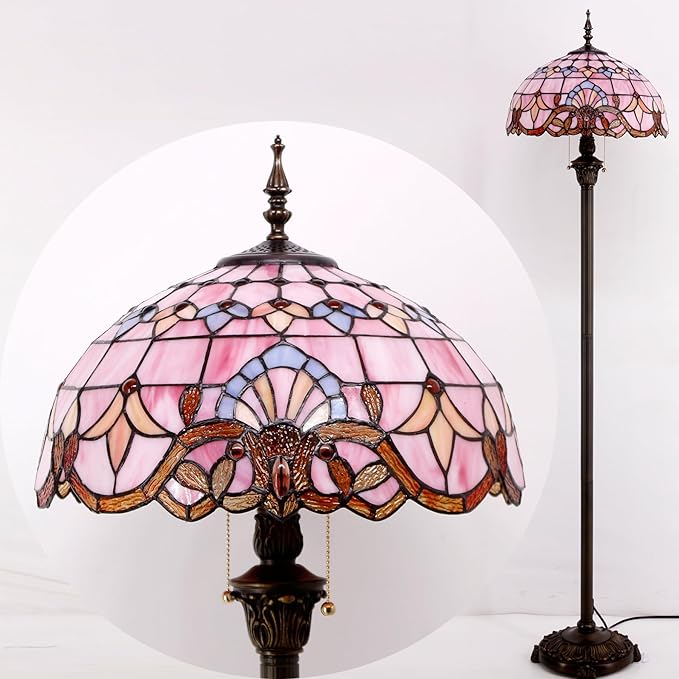 WERFACTORY Tiffany Floor Lamp Pink Baroque Stained Glass Standing Reading Light 16X16X64 Inches Antique Pole Corner Lamp Decor Bedroom Living Room Home Office S003P Series - LeafyLoom