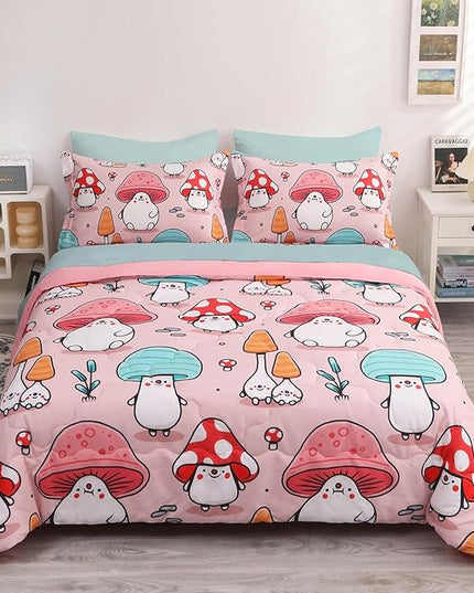 Wajade Kids Cute Mushroom Comforter Set Bed in A Bag Twin Size 7 Piece Pink Cartoon Mushroom Head Bedding Set for Girls (1 Comforter, 1 Flat Sheet, 1 Fitted Sheet, 2 Pillowcase and 2 Pillow Sham) - LeafyLoom