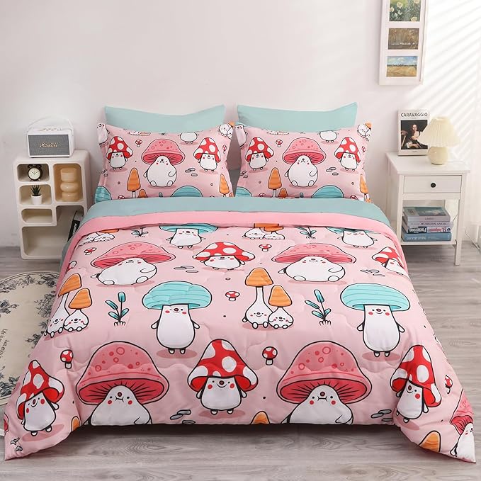 Wajade Kids Cute Mushroom Comforter Set Bed in A Bag Full Size 7 Piece Pink Cartoon Mushroom Head Bedding Set for Girls (1 Comforter, 1 Flat Sheet, 1 Fitted Sheet, 2 Pillowcase and 2 Pillow Sham) - LeafyLoom