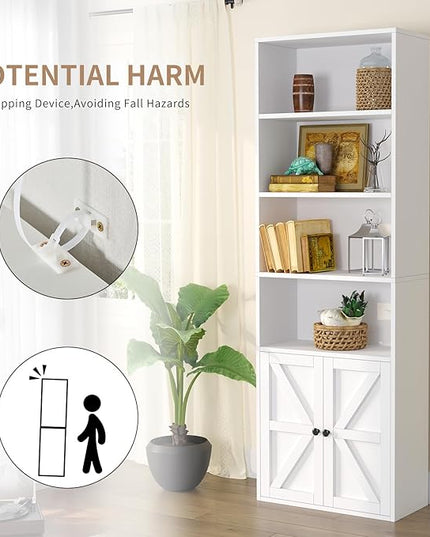 oneinmil 6 Tier Bookshelf and Bookcase, Wooden Bookshelves with Cabinet Doors, Floor Bookshelves and Office Storage Cabinets for Home Office, Living Room,White - LeafyLoom