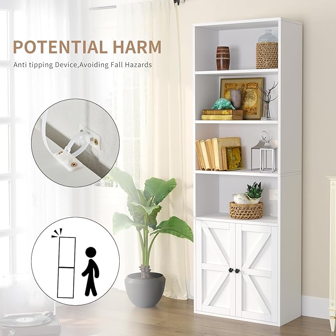 oneinmil 6 Tier Bookshelf and Bookcase, Wooden Bookshelves with Cabinet Doors, Floor Bookshelves and Office Storage Cabinets for Home Office, Living Room,White - LeafyLoom