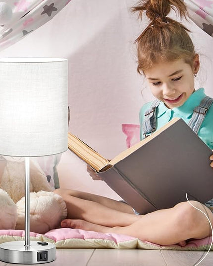 𝟮𝟬𝟮𝟯 𝗡𝗘𝗪 Set of 2 Touch Grey Table Lamps with 2 USB Ports & AC Outlet, 3-Way Dimmable Bedside Nightstand Lamps for Bedroom Living Room Nursery, 800 Lumens 5000K Daylight Bulbs Included - LeafyLoom