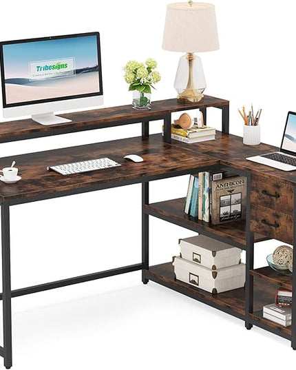 Reversible L-Shaped Computer Desk with hutch & Shelf,rustic - LeafyLoom