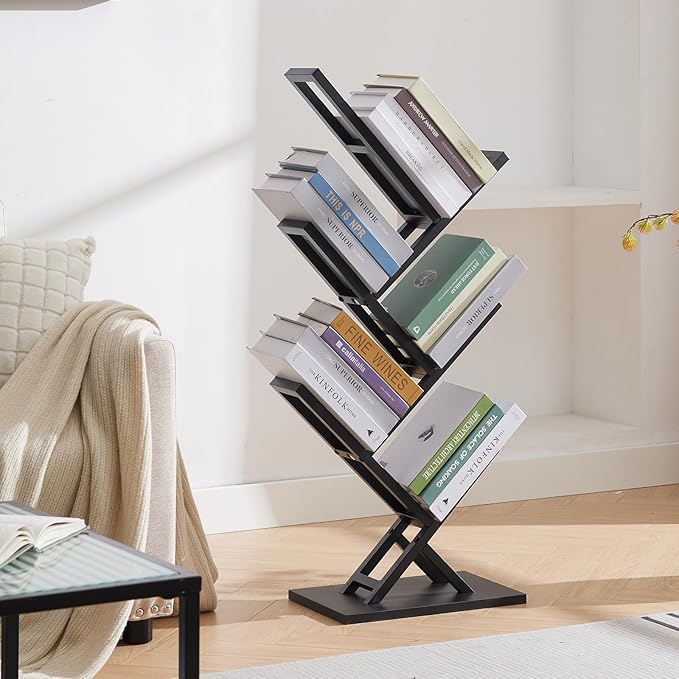 5 Tier Tree Bookshelf, Wisdom Tree Bookshelf, Modern Corner Book Shelfe, Small Bookshelf for Small Spaces, Utility Organizer for CDs/Books/Home Office/Living/Bedroom Room-Black - LeafyLoom