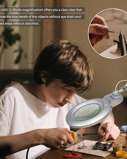 Bifocals Magnifying Desk Lamp with Clamp, 5 Diopter with 20 Diopter, 6 Inch Detachable Lens and 120PCS LEDs, 3 Color Modes 1200 Lumens Swivel Arm Magnifying Lamp with Light for Crafts - LeafyLoom