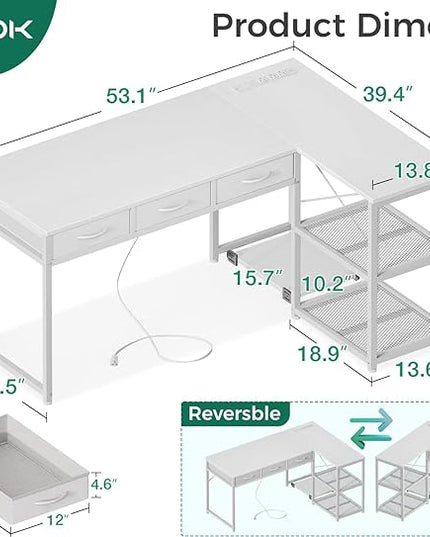 AODK 53 Inch L Shaped Computer Desk with Drawers, Corner Desk with Power Outlets & Reversible Storage Shelves, Movable CPU Stand for Home Office Gaming, White - LeafyLoom