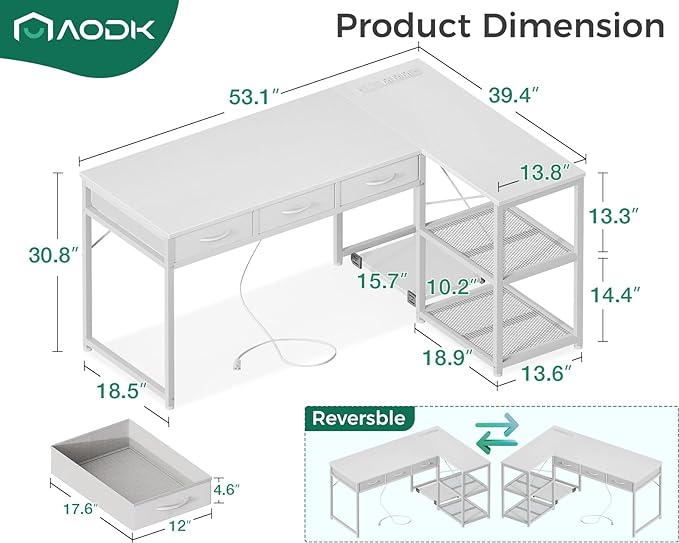 AODK 53 Inch L Shaped Computer Desk with Drawers, Corner Desk with Power Outlets & Reversible Storage Shelves, Movable CPU Stand for Home Office Gaming, White - LeafyLoom