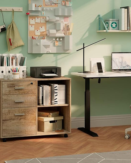 Maxtown Wood Filing Cabinet, Mobile Lateral Filing Cabinet with Lock, 3 Drawer Filing Cabinet with Open Storage Shelves, Printer Stand for Home Office, Walnut - LeafyLoom