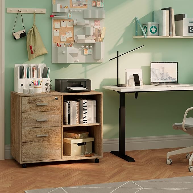 Maxtown Wood Filing Cabinet, Mobile Lateral Filing Cabinet with Lock, 3 Drawer Filing Cabinet with Open Storage Shelves, Printer Stand for Home Office, Walnut - LeafyLoom