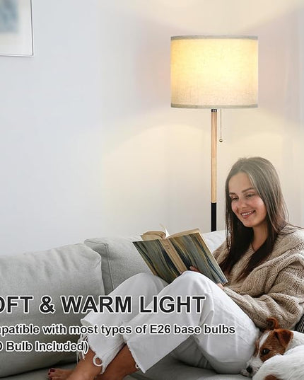 Modern Floor Lamp for Living Room Traditional Farmhouse Floor Lamps Mid-Century Pole Lamp with Linen Lamp Shade, Standing Tall Floor Lamps for Bedrooms and Office (White-01) - LeafyLoom