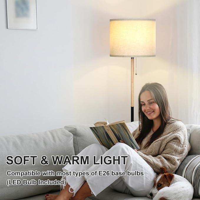 Modern Floor Lamp for Living Room Traditional Farmhouse Floor Lamps Mid-Century Pole Lamp with Linen Lamp Shade, Standing Tall Floor Lamps for Bedrooms and Office (White-01) - LeafyLoom