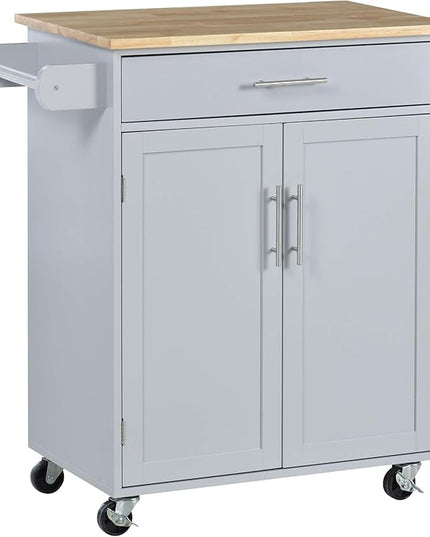 HOMCOM Kitchen Island Cart Rolling Trolley Cart with Drawer, Storage Cabinet & Towel Rack, Gray - LeafyLoom