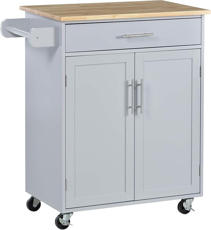 HOMCOM Kitchen Island Cart Rolling Trolley Cart with Drawer, Storage Cabinet & Towel Rack, Gray - LeafyLoom