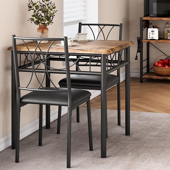Dining Table Set for 2, 3 Piece Kitchen Table Set with 2 Upholstered Chairs, Square Kitchen Table Set for Small Space, Apartment, Dining Room, Retro Brown - LeafyLoom