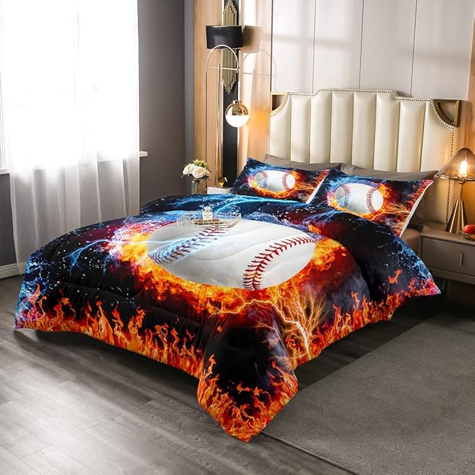 Baseball Comforter Set Queen Size Sports Theme Down Comforter Kids Teens Boys Fire and Ice Sports Baseball Quilted Duvet,Decoration 3 Pcs Bedding Comforters (1 Comforter Set +2 Pillowcases) Red Blue - LeafyLoom