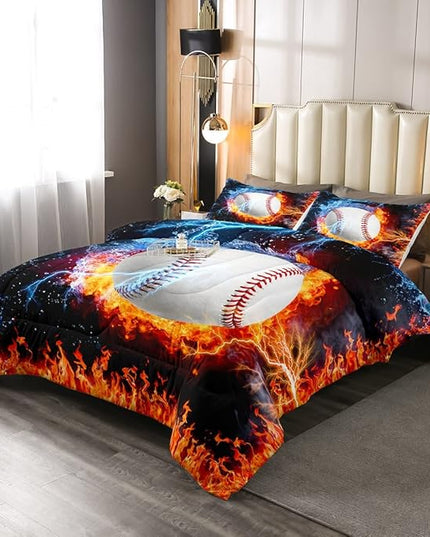 Baseball Comforter Set Twin Size for Teen Boy Room Decor, Fire and Ice Sports Baseball Down Comforter Kids Men Modern Sports Theme Quilted Duvet (1 Comforter Set + 1 Pillow Case), Red and Blue - LeafyLoom