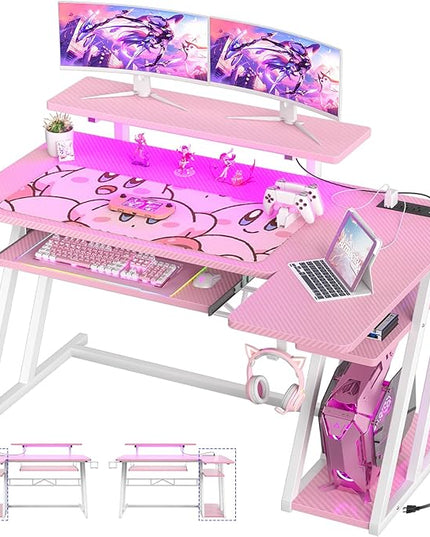 armocity Pink Gaming Desk with Shelves and Power Outlets, L Shaped Gaming Desk with LED Lights, Reversible L Shaped Computer Desk for Gaming, Gamer Desk with Monitor Stand, 47" - LeafyLoom