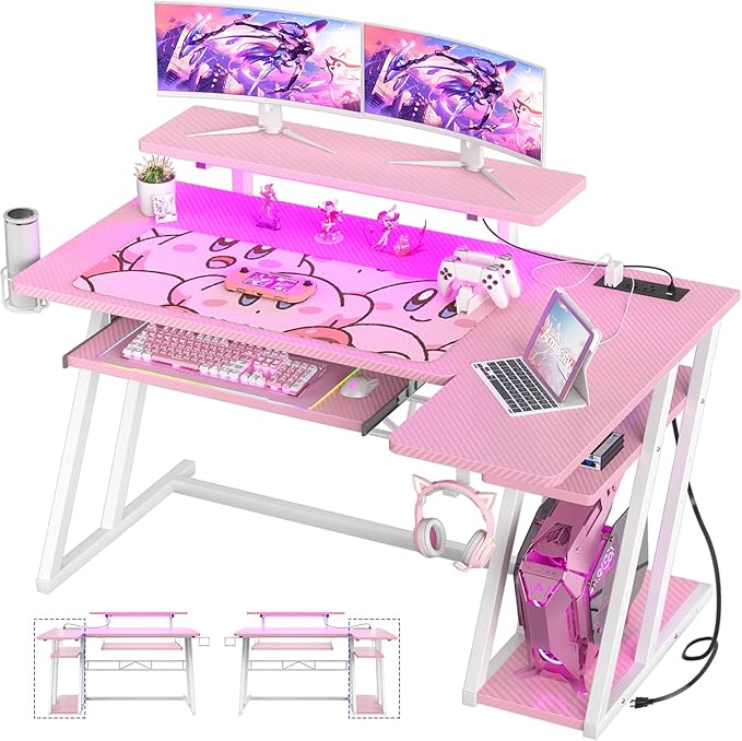 armocity Pink Gaming Desk with Shelves and Power Outlets, L Shaped Gaming Desk with LED Lights, Reversible L Shaped Computer Desk for Gaming, Gamer Desk with Monitor Stand, 47" - LeafyLoom