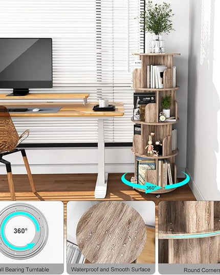 Nidouillet Rotating Bookshelf, 4 Tier Revolving Bookcase with Brake Wheels 360° Display Round Bookshelf Narrow Swivel Corner Book Shelf Standing Bookcase for Adult Bedroom, Living Room (Oak Grey) - LeafyLoom