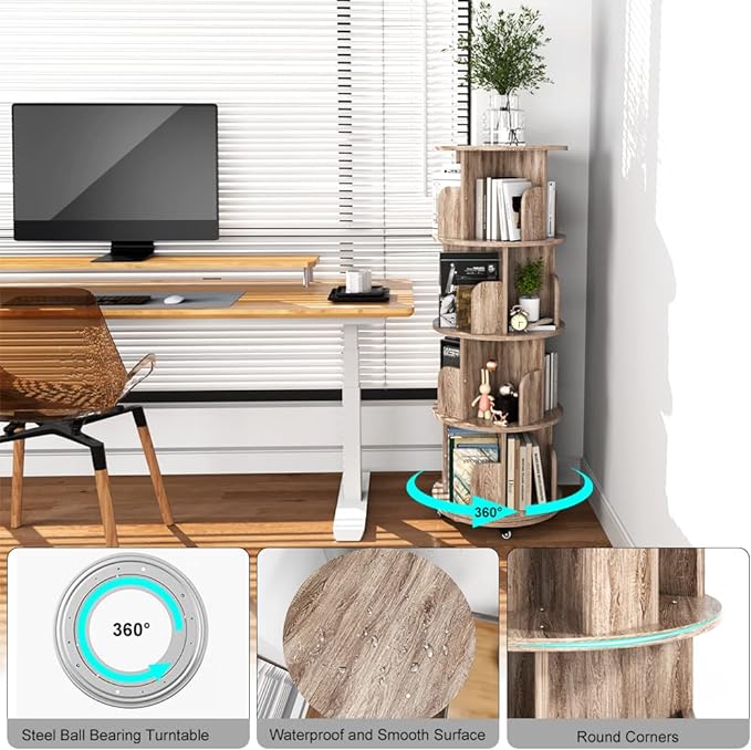 Nidouillet Rotating Bookshelf, 4 Tier Revolving Bookcase with Brake Wheels 360° Display Round Bookshelf Narrow Swivel Corner Book Shelf Standing Bookcase for Adult Bedroom, Living Room (Oak Grey) - LeafyLoom