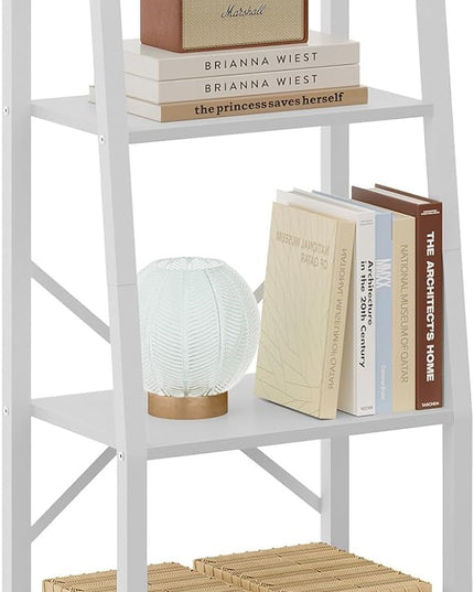 Hoctieon Ladder Shelf Bookcase, 4-Tier Ladder Bookshelf, Tall Bookshelf with Metal Frame, Industrial Bookshelf Ladder, for Living Room, Kitchen, Home Office, Bedroom, Simple Assembly, White - LeafyLoom