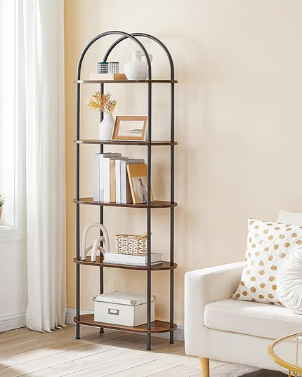 HOOBRO 5 Tier Open Bookshelf, Industrial Arched Bookcase Display Shelf Racks, Wooden Bookcase Storage Shelves Metal Frame, Tall Storage Organizer for Home, Easy Assembly, Rustic Brown BF176SJ01 - LeafyLoom