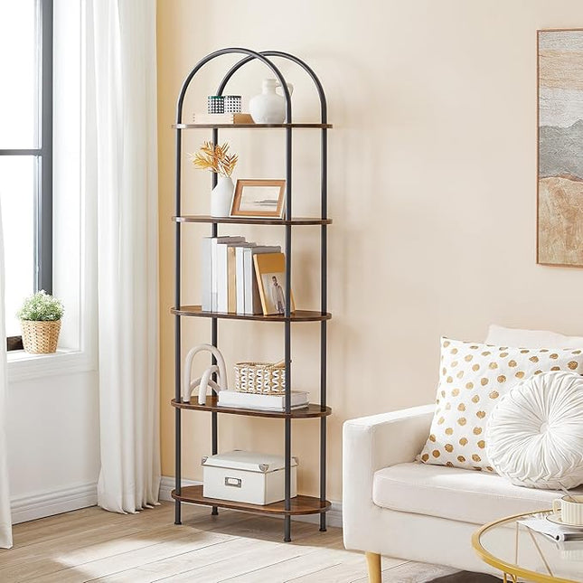 HOOBRO 5 Tier Open Bookshelf, Industrial Arched Bookcase Display Shelf Racks, Wooden Bookcase Storage Shelves Metal Frame, Tall Storage Organizer for Home, Easy Assembly, Rustic Brown BF176SJ01 - LeafyLoom