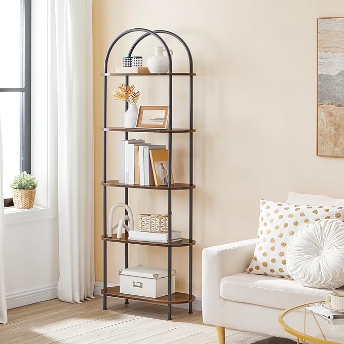 HOOBRO 5 Tier Open Bookshelf, Industrial Arched Bookcase Display Shelf Racks, Wooden Bookcase Storage Shelves Metal Frame, Tall Storage Organizer for Home, Easy Assembly, Rustic Brown BF176SJ01 - LeafyLoom
