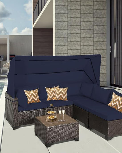 6 PCS Outdoor Patio Furniture Set,Sectional Sofa Set,Rattan Daybed with Retractable Canopy,Adjustable Backrest,Storage Coffee Table,Chaise Chair Sunbed for Garden Poolside Backyard(Navy Blue) - LeafyLoom