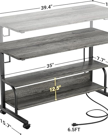 39" Height Adjustable Standing Desk with Power Outlets - Manual Rolling Stand Up Desk with Wheels Small Portable Computer Desk Mobile Laptop Table with Storage Shelves for Home Office, Grey Oak - LeafyLoom