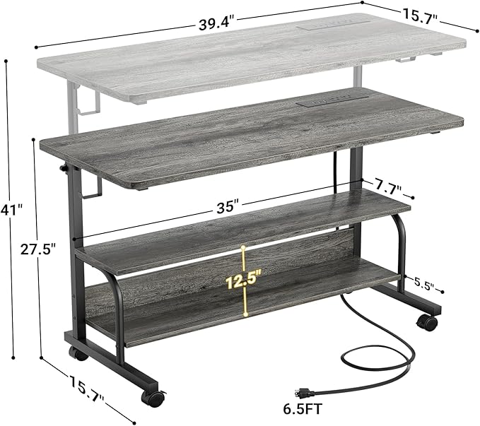 39" Height Adjustable Standing Desk with Power Outlets - Manual Rolling Stand Up Desk with Wheels Small Portable Computer Desk Mobile Laptop Table with Storage Shelves for Home Office, Grey Oak - LeafyLoom