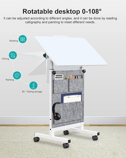 Adjustable Height Standing Desk, Writable Tempered Glass Desktop with Eraser, 360° Flip, Wheels and Bag– Ideal for Small Spaces and Home Offices, 24 in, White(Adjustable Height: 32-47 in) - LeafyLoom