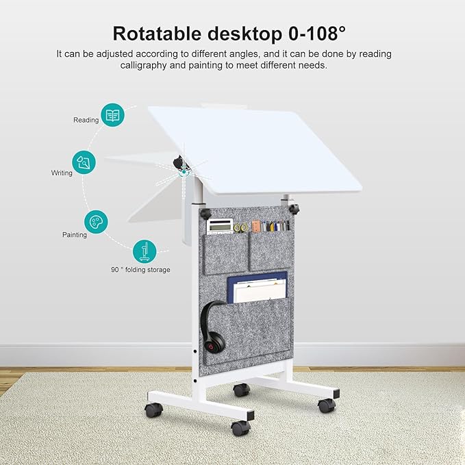 Adjustable Height Standing Desk, Writable Tempered Glass Desktop with Eraser, 360° Flip, Wheels and Bag– Ideal for Small Spaces and Home Offices, 24 in, White(Adjustable Height: 32-47 in) - LeafyLoom